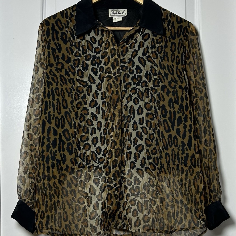 Notations Petite Vintage 90s Leopard Print Sheer Button Up Blouse Mob Wife Style
